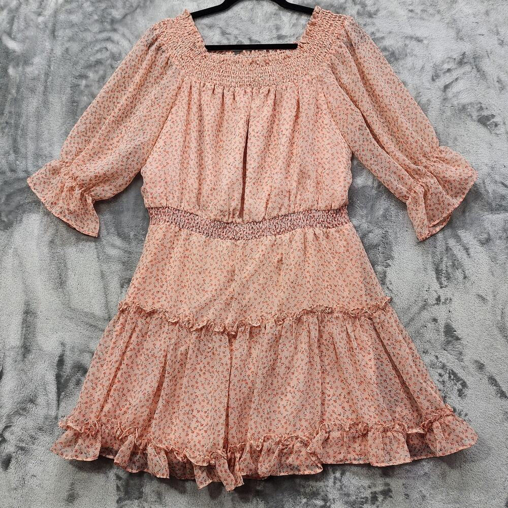 Lea & Viola Dress Womens M Orange Peach‎ Floral Chiffon Smocked Waist Ruffled